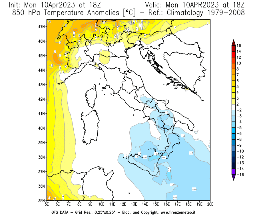 Mappa di analisi GFS - Anomalia Temperatura [°C] a 850 hPa in Italia
							del 10/04/2023 18 <!--googleoff: index-->UTC<!--googleon: index-->