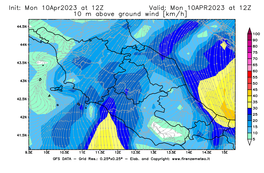 Mappa di analisi GFS - Velocità del vento a 10 metri dal suolo [km/h] in Centro-Italia
							del 10/04/2023 12 <!--googleoff: index-->UTC<!--googleon: index-->