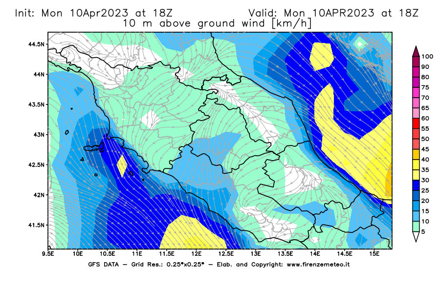 GFS analysi map - Wind Speed at 10 m above ground [km/h] in Central Italy
									on 10/04/2023 18 <!--googleoff: index-->UTC<!--googleon: index-->