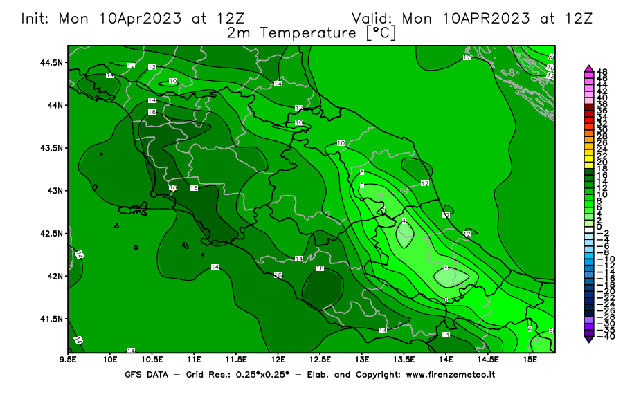 GFS analysi map - Temperature at 2 m above ground [°C] in Central Italy
									on 10/04/2023 12 <!--googleoff: index-->UTC<!--googleon: index-->