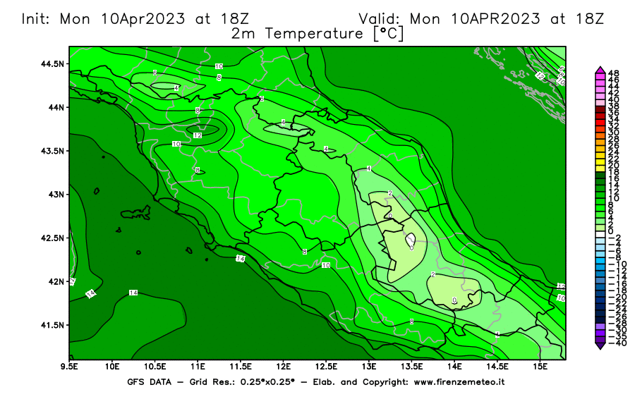 GFS analysi map - Temperature at 2 m above ground [°C] in Central Italy
									on 10/04/2023 18 <!--googleoff: index-->UTC<!--googleon: index-->