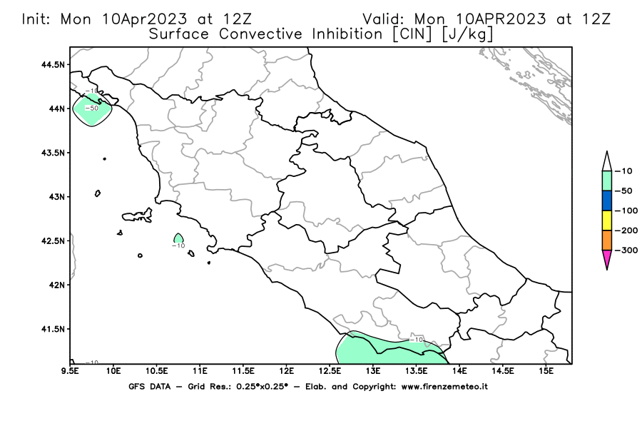 Mappa di analisi GFS - CIN [J/kg] in Centro-Italia
							del 10/04/2023 12 <!--googleoff: index-->UTC<!--googleon: index-->