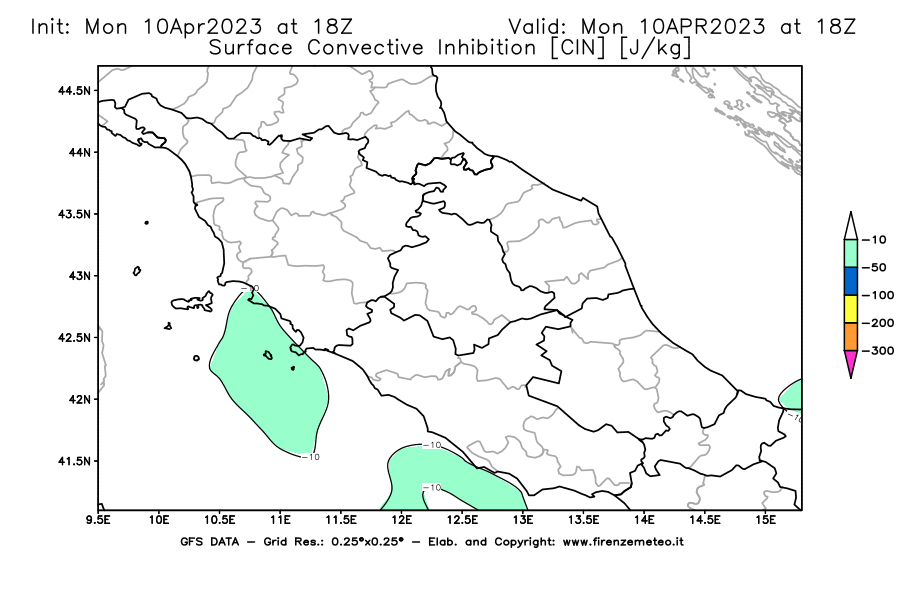 GFS analysi map - CIN [J/kg] in Central Italy
									on 10/04/2023 18 <!--googleoff: index-->UTC<!--googleon: index-->