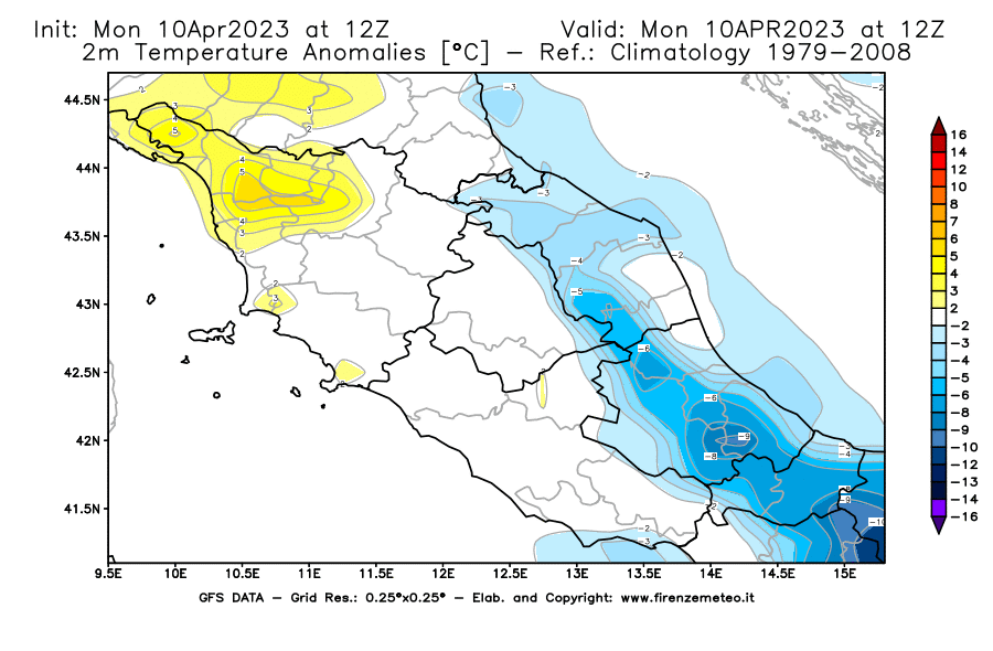 GFS analysi map - Temperature Anomalies [°C] at 2 m in Central Italy
									on 10/04/2023 12 <!--googleoff: index-->UTC<!--googleon: index-->