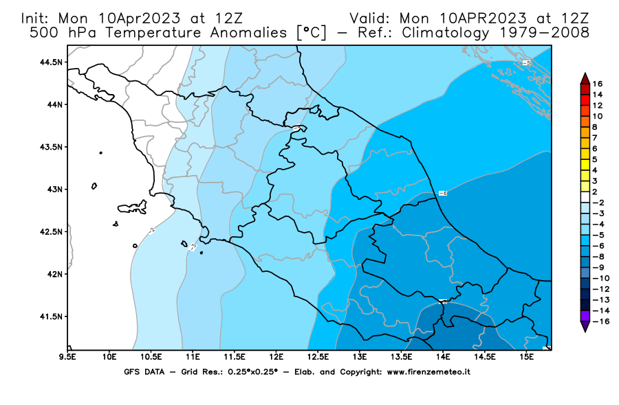 Mappa di analisi GFS - Anomalia Temperatura [°C] a 500 hPa in Centro-Italia
							del 10/04/2023 12 <!--googleoff: index-->UTC<!--googleon: index-->