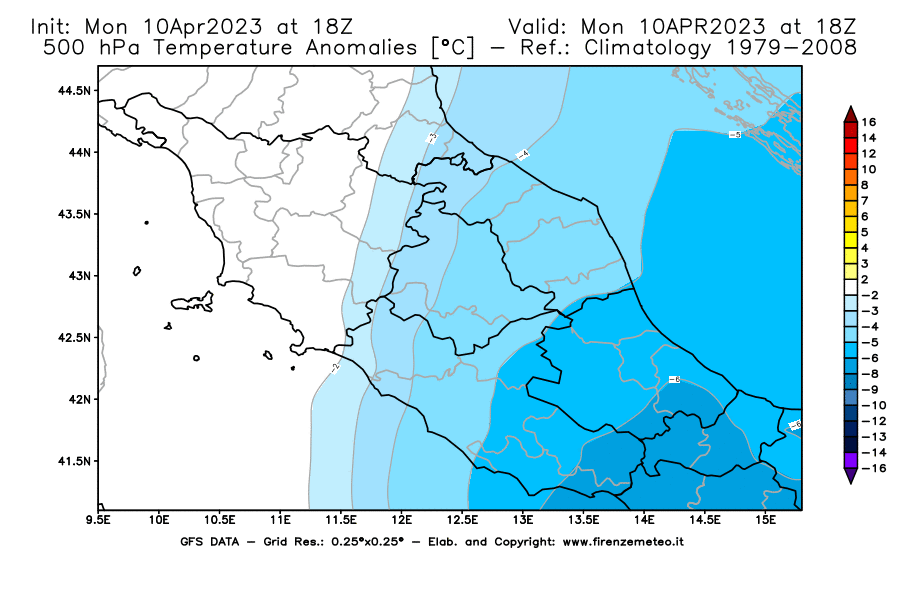 Mappa di analisi GFS - Anomalia Temperatura [°C] a 500 hPa in Centro-Italia
							del 10/04/2023 18 <!--googleoff: index-->UTC<!--googleon: index-->