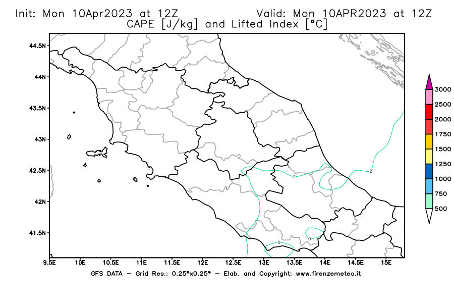 GFS analysi map - CAPE [J/kg] and Lifted Index [°C] in Central Italy
									on 10/04/2023 12 <!--googleoff: index-->UTC<!--googleon: index-->