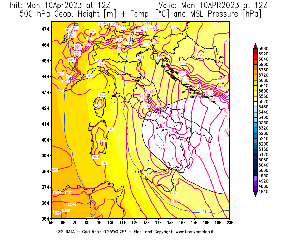 Mappa di analisi GFS - Geopotenziale [m] + Temp. [°C] a 500 hPa + Press. a livello del mare [hPa] in Italia
							del 10/04/2023 12 <!--googleoff: index-->UTC<!--googleon: index-->