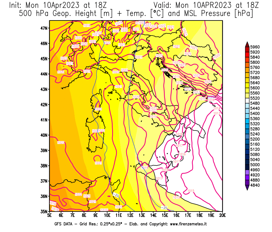 GFS analysi map - Geopotential [m] + Temp. [°C] at 500 hPa + Sea Level Pressure [hPa] in Italy
									on 10/04/2023 18 <!--googleoff: index-->UTC<!--googleon: index-->