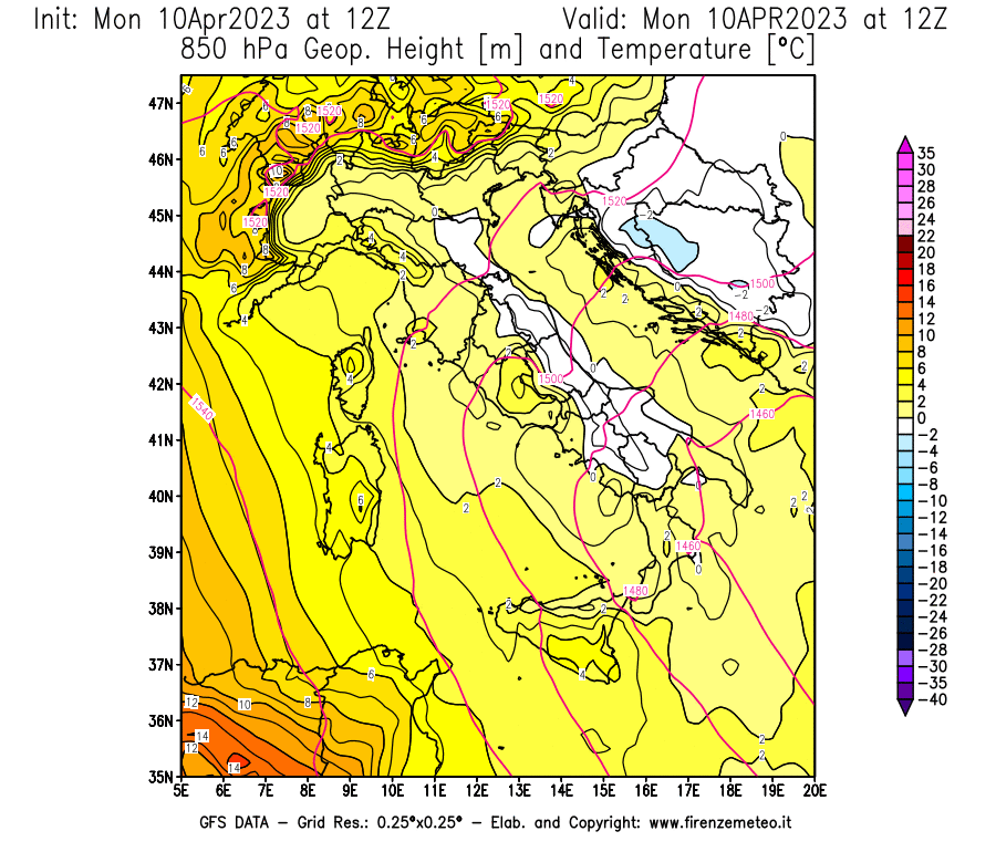 Mappa di analisi GFS - Geopotenziale [m] e Temperatura [°C] a 850 hPa in Italia
							del 10/04/2023 12 <!--googleoff: index-->UTC<!--googleon: index-->