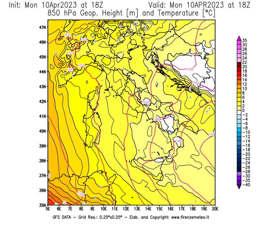 Mappa di analisi GFS - Geopotenziale [m] e Temperatura [°C] a 850 hPa in Italia
							del 10/04/2023 18 <!--googleoff: index-->UTC<!--googleon: index-->