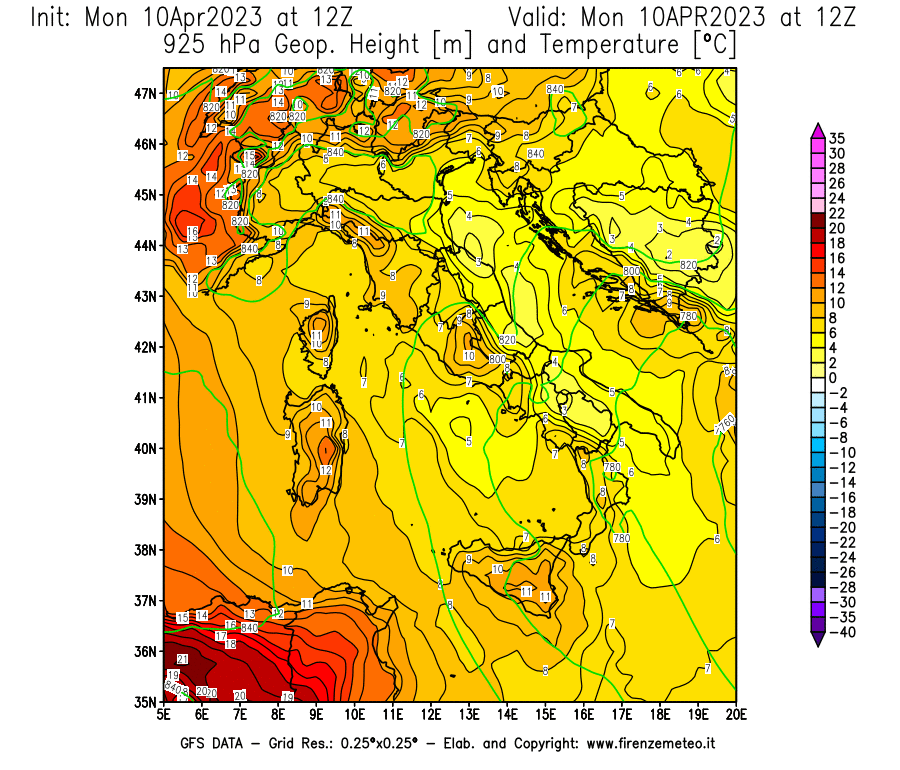 Mappa di analisi GFS - Geopotenziale [m] e Temperatura [°C] a 925 hPa in Italia
							del 10/04/2023 12 <!--googleoff: index-->UTC<!--googleon: index-->
