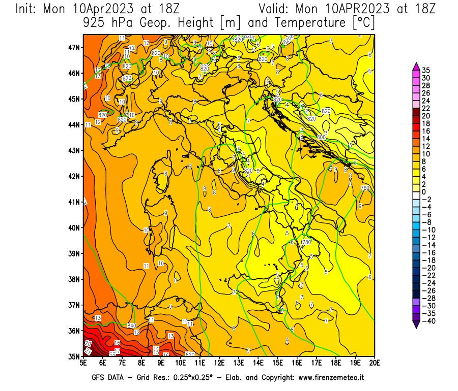 GFS analysi map - Geopotential [m] and Temperature [°C] at 925 hPa in Italy
									on 10/04/2023 18 <!--googleoff: index-->UTC<!--googleon: index-->