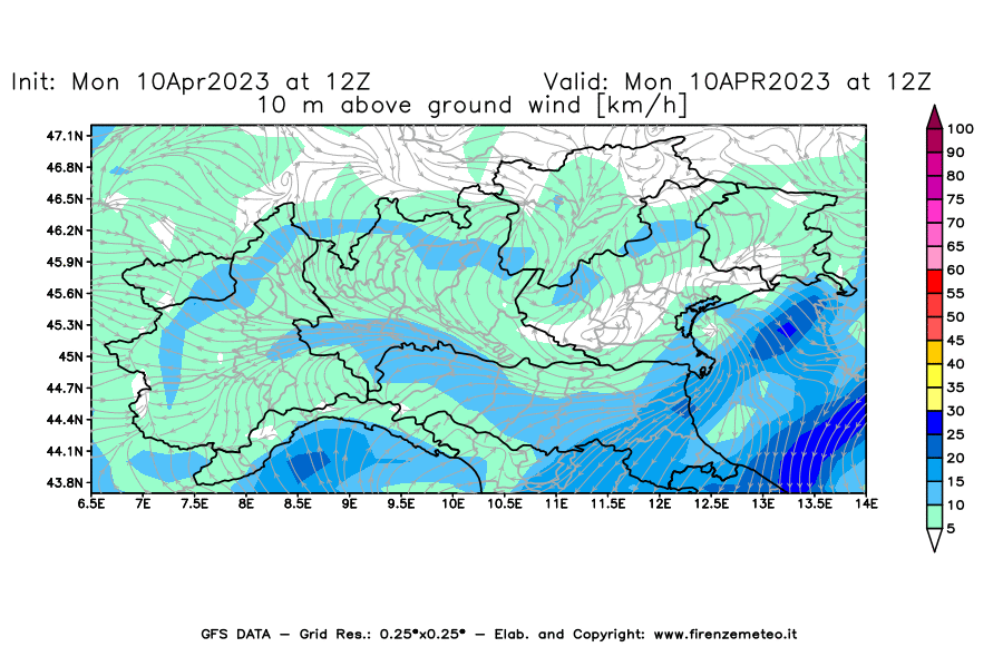 GFS analysi map - Wind Speed at 10 m above ground [km/h] in Northern Italy
									on 10/04/2023 12 <!--googleoff: index-->UTC<!--googleon: index-->