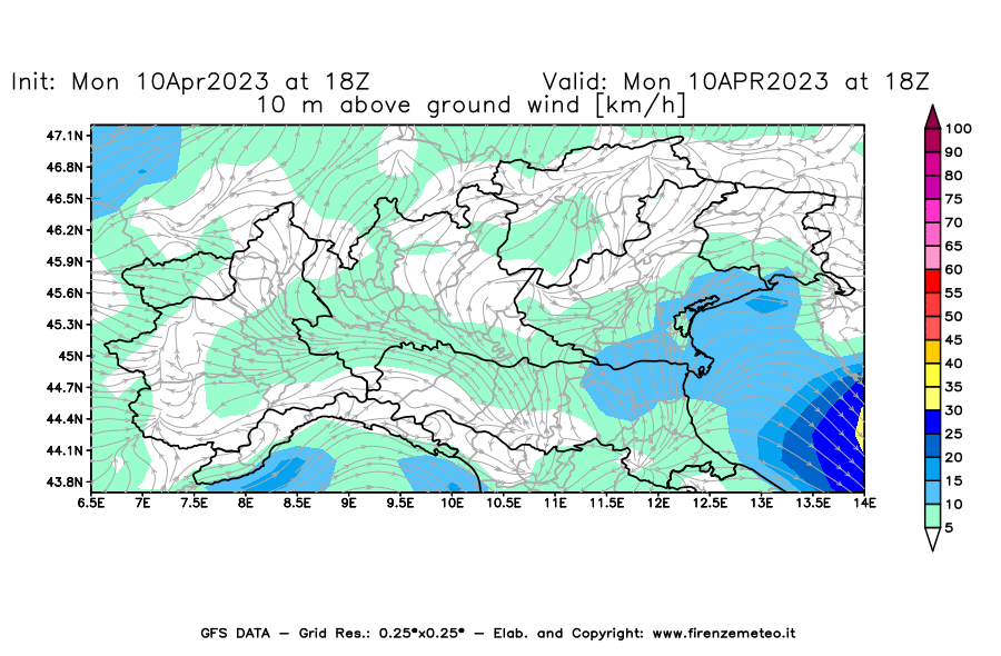 Mappa di analisi GFS - Velocità del vento a 10 metri dal suolo [km/h] in Nord-Italia
							del 10/04/2023 18 <!--googleoff: index-->UTC<!--googleon: index-->