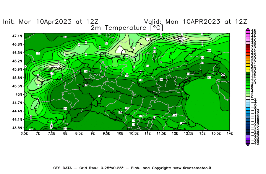 GFS analysi map - Temperature at 2 m above ground [°C] in Northern Italy
									on 10/04/2023 12 <!--googleoff: index-->UTC<!--googleon: index-->