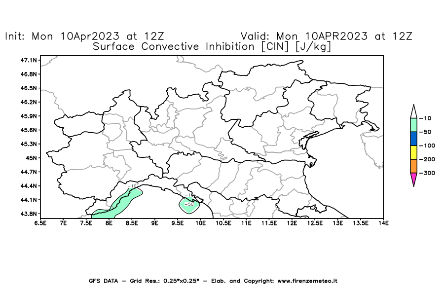 Mappa di analisi GFS - CIN [J/kg] in Nord-Italia
							del 10/04/2023 12 <!--googleoff: index-->UTC<!--googleon: index-->