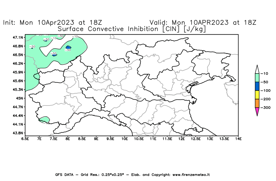 Mappa di analisi GFS - CIN [J/kg] in Nord-Italia
							del 10/04/2023 18 <!--googleoff: index-->UTC<!--googleon: index-->