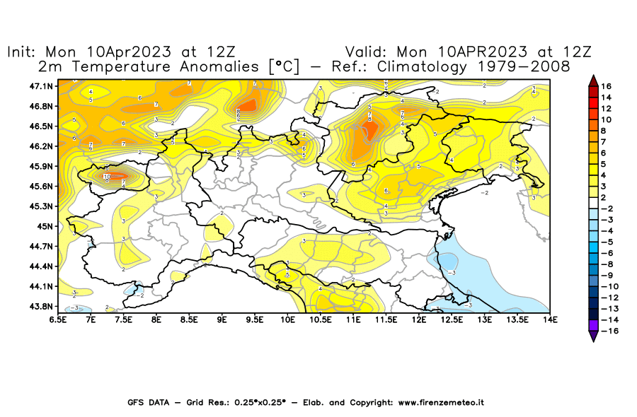Mappa di analisi GFS - Anomalia Temperatura [°C] a 2 m in Nord-Italia
							del 10/04/2023 12 <!--googleoff: index-->UTC<!--googleon: index-->