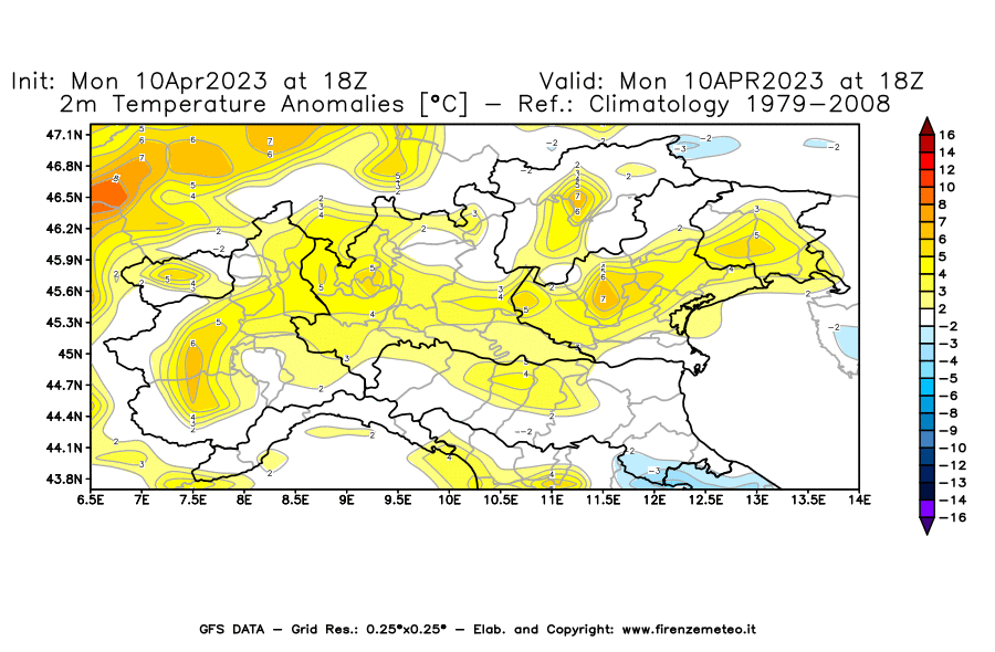 GFS analysi map - Temperature Anomalies [°C] at 2 m in Northern Italy
									on 10/04/2023 18 <!--googleoff: index-->UTC<!--googleon: index-->