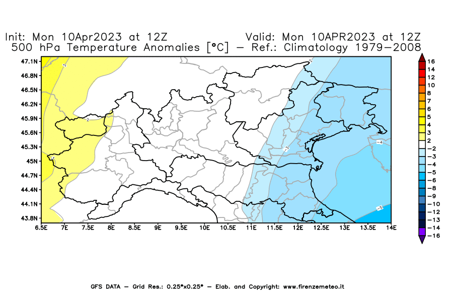 Mappa di analisi GFS - Anomalia Temperatura [°C] a 500 hPa in Nord-Italia
							del 10/04/2023 12 <!--googleoff: index-->UTC<!--googleon: index-->