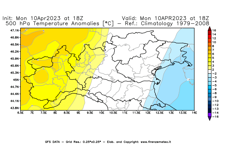 GFS analysi map - Temperature Anomalies [°C] at 500 hPa in Northern Italy
									on 10/04/2023 18 <!--googleoff: index-->UTC<!--googleon: index-->