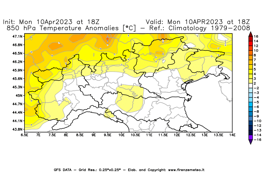 Mappa di analisi GFS - Anomalia Temperatura [°C] a 850 hPa in Nord-Italia
							del 10/04/2023 18 <!--googleoff: index-->UTC<!--googleon: index-->