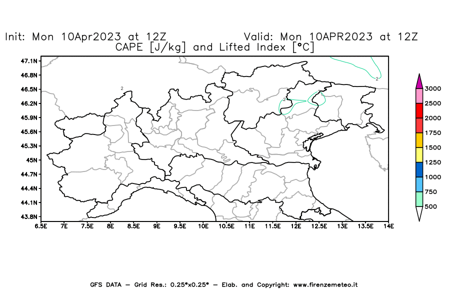 Mappa di analisi GFS - CAPE [J/kg] e Lifted Index [°C] in Nord-Italia
							del 10/04/2023 12 <!--googleoff: index-->UTC<!--googleon: index-->