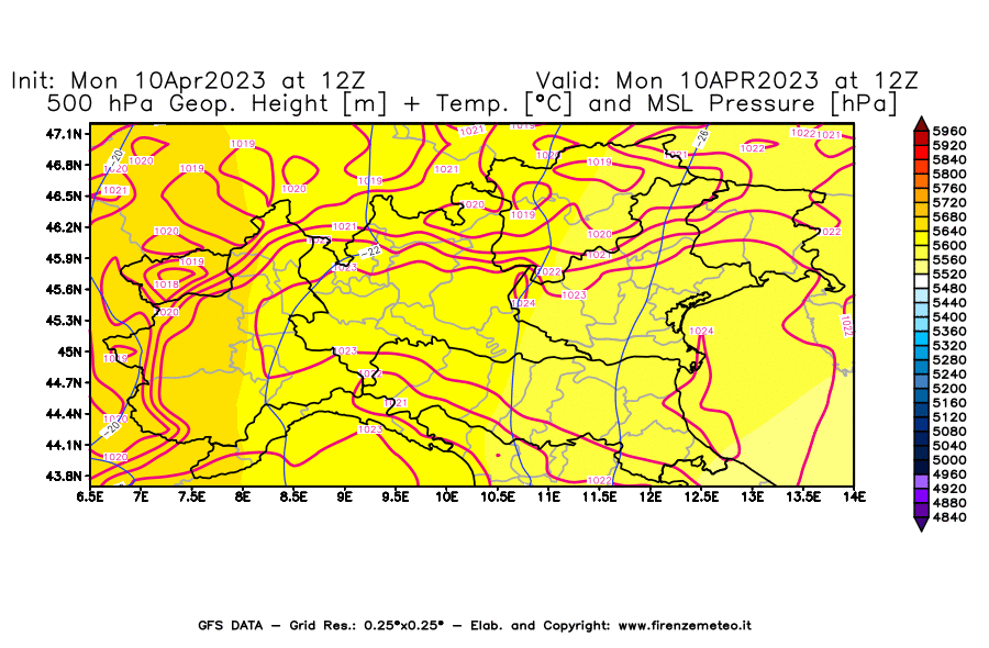 Mappa di analisi GFS - Geopotenziale [m] + Temp. [°C] a 500 hPa + Press. a livello del mare [hPa] in Nord-Italia
							del 10/04/2023 12 <!--googleoff: index-->UTC<!--googleon: index-->