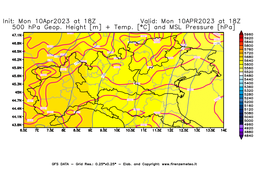 Mappa di analisi GFS - Geopotenziale [m] + Temp. [°C] a 500 hPa + Press. a livello del mare [hPa] in Nord-Italia
							del 10/04/2023 18 <!--googleoff: index-->UTC<!--googleon: index-->