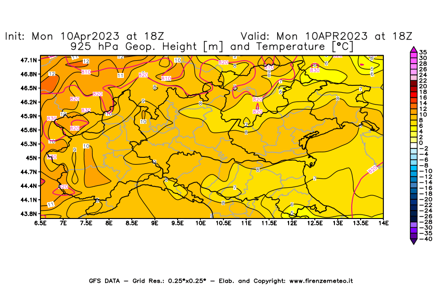 Mappa di analisi GFS - Geopotenziale [m] e Temperatura [°C] a 925 hPa in Nord-Italia
							del 10/04/2023 18 <!--googleoff: index-->UTC<!--googleon: index-->