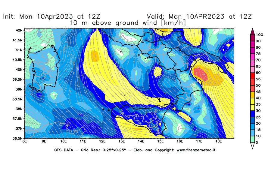 GFS analysi map - Wind Speed at 10 m above ground [km/h] in Southern Italy
									on 10/04/2023 12 <!--googleoff: index-->UTC<!--googleon: index-->