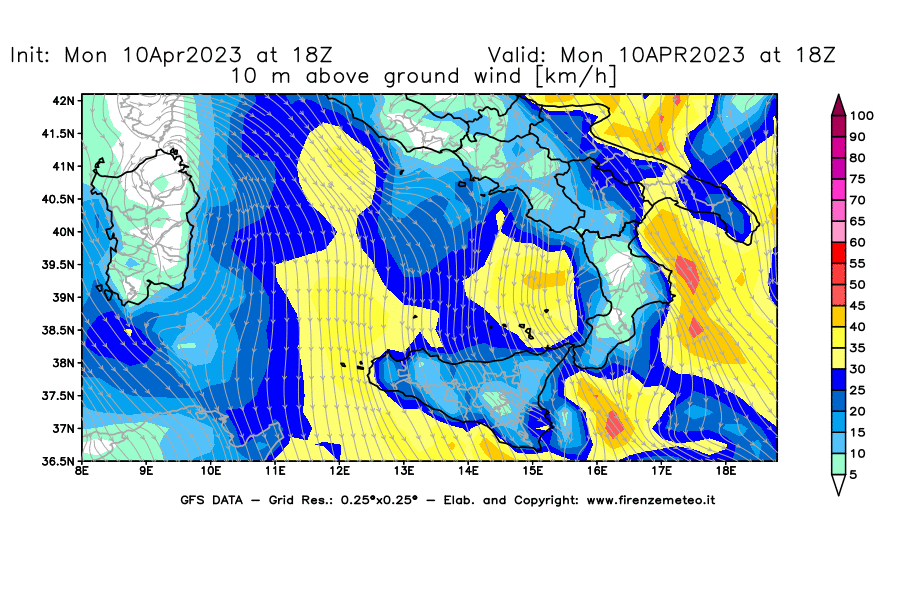 GFS analysi map - Wind Speed at 10 m above ground [km/h] in Southern Italy
									on 10/04/2023 18 <!--googleoff: index-->UTC<!--googleon: index-->
