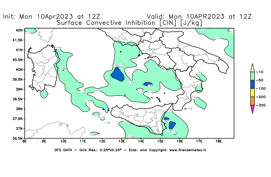 Mappa di analisi GFS - CIN [J/kg] in Sud-Italia
							del 10/04/2023 12 <!--googleoff: index-->UTC<!--googleon: index-->