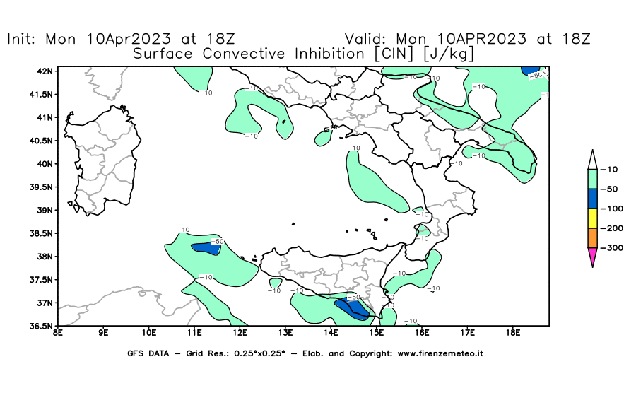 Mappa di analisi GFS - CIN [J/kg] in Sud-Italia
							del 10/04/2023 18 <!--googleoff: index-->UTC<!--googleon: index-->
