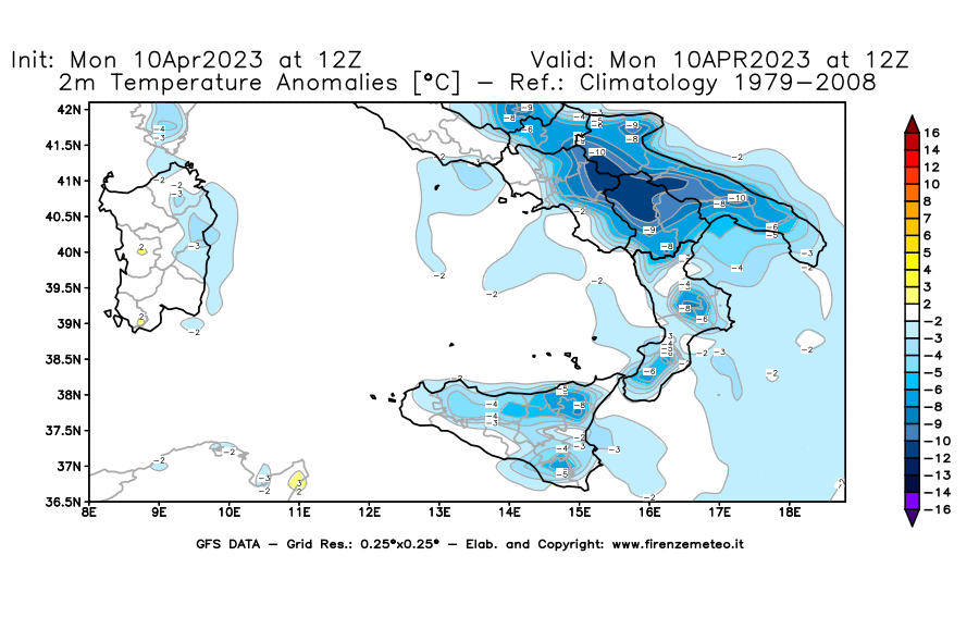 Mappa di analisi GFS - Anomalia Temperatura [°C] a 2 m in Sud-Italia
							del 10/04/2023 12 <!--googleoff: index-->UTC<!--googleon: index-->