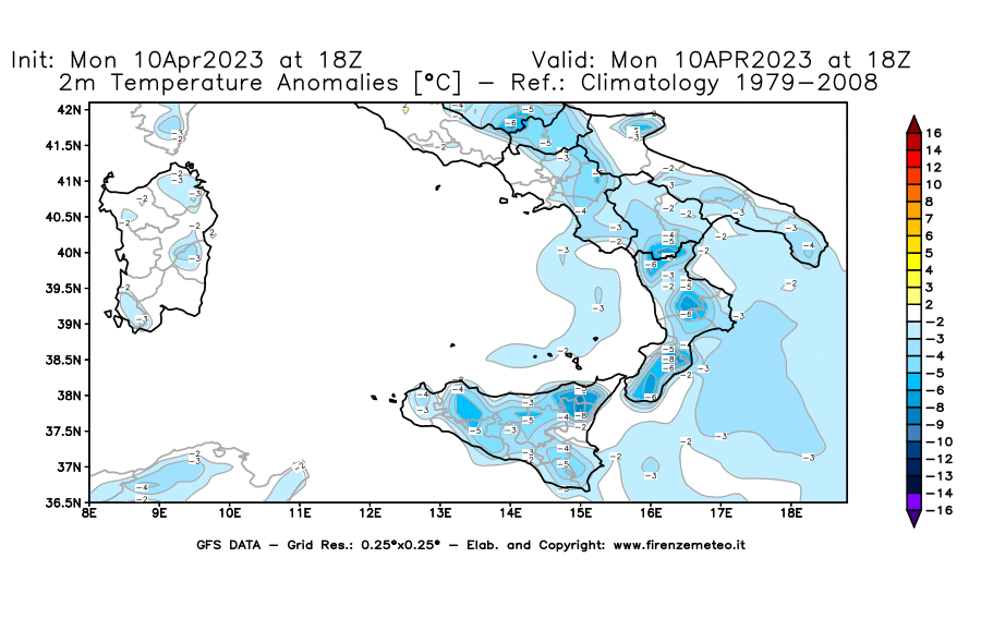 GFS analysi map - Temperature Anomalies [°C] at 2 m in Southern Italy
									on 10/04/2023 18 <!--googleoff: index-->UTC<!--googleon: index-->