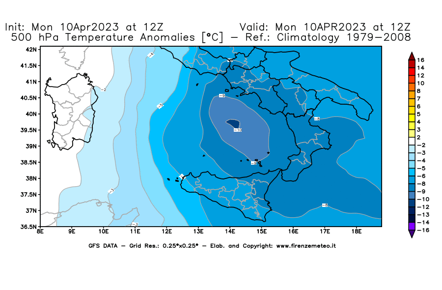 Mappa di analisi GFS - Anomalia Temperatura [°C] a 500 hPa in Sud-Italia
							del 10/04/2023 12 <!--googleoff: index-->UTC<!--googleon: index-->