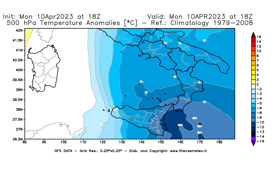 GFS analysi map - Temperature Anomalies [°C] at 500 hPa in Southern Italy
									on 10/04/2023 18 <!--googleoff: index-->UTC<!--googleon: index-->