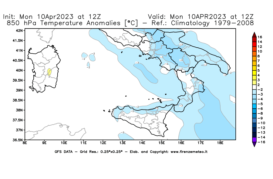 Mappa di analisi GFS - Anomalia Temperatura [°C] a 850 hPa in Sud-Italia
							del 10/04/2023 12 <!--googleoff: index-->UTC<!--googleon: index-->
