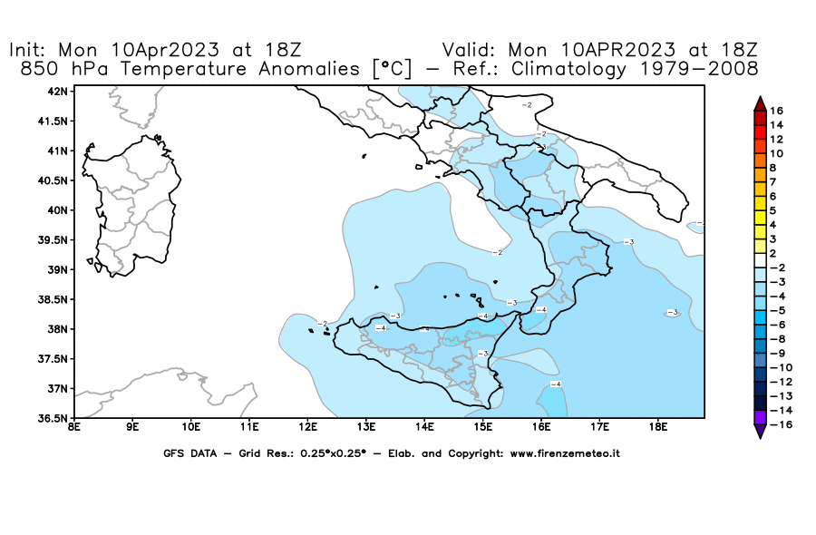 GFS analysi map - Temperature Anomalies [°C] at 850 hPa in Southern Italy
									on 10/04/2023 18 <!--googleoff: index-->UTC<!--googleon: index-->