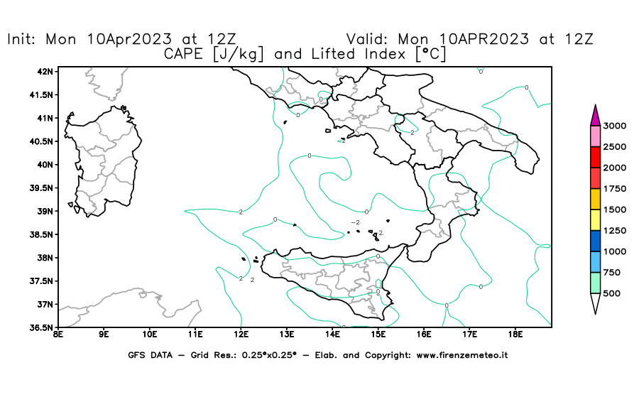 Mappa di analisi GFS - CAPE [J/kg] e Lifted Index [°C] in Sud-Italia
							del 10/04/2023 12 <!--googleoff: index-->UTC<!--googleon: index-->