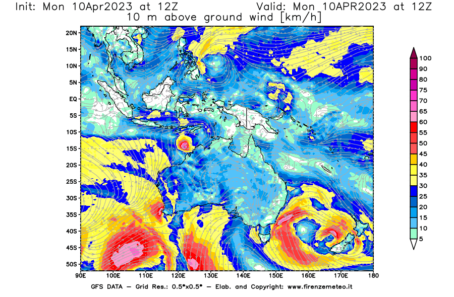 GFS analysi map - Wind Speed at 10 m above ground [km/h] in Oceania
									on 10/04/2023 12 <!--googleoff: index-->UTC<!--googleon: index-->