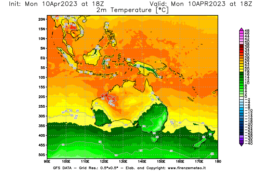 GFS analysi map - Temperature at 2 m above ground [°C] in Oceania
									on 10/04/2023 18 <!--googleoff: index-->UTC<!--googleon: index-->