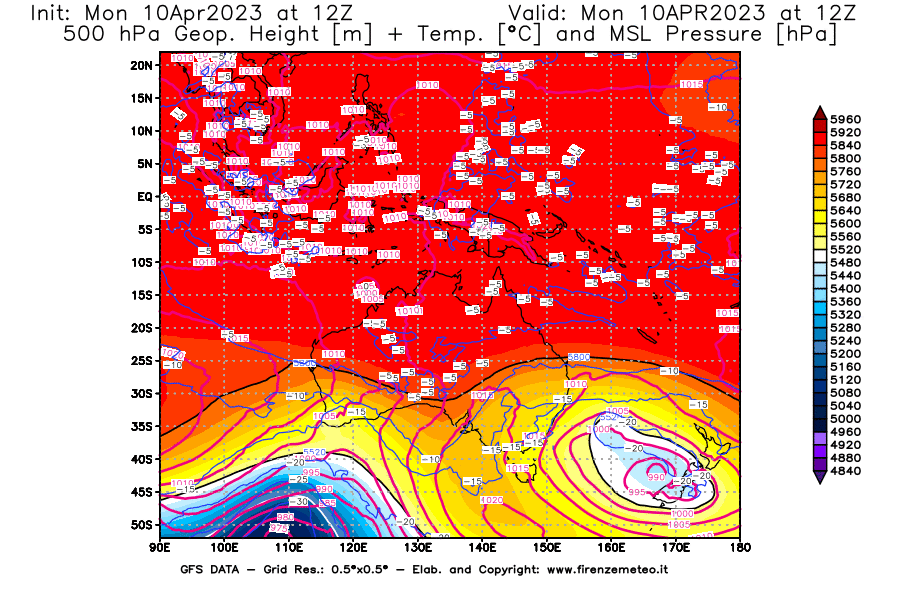 Mappa di analisi GFS - Geopotenziale [m] + Temp. [°C] a 500 hPa + Press. a livello del mare [hPa] in Oceania
							del 10/04/2023 12 <!--googleoff: index-->UTC<!--googleon: index-->
