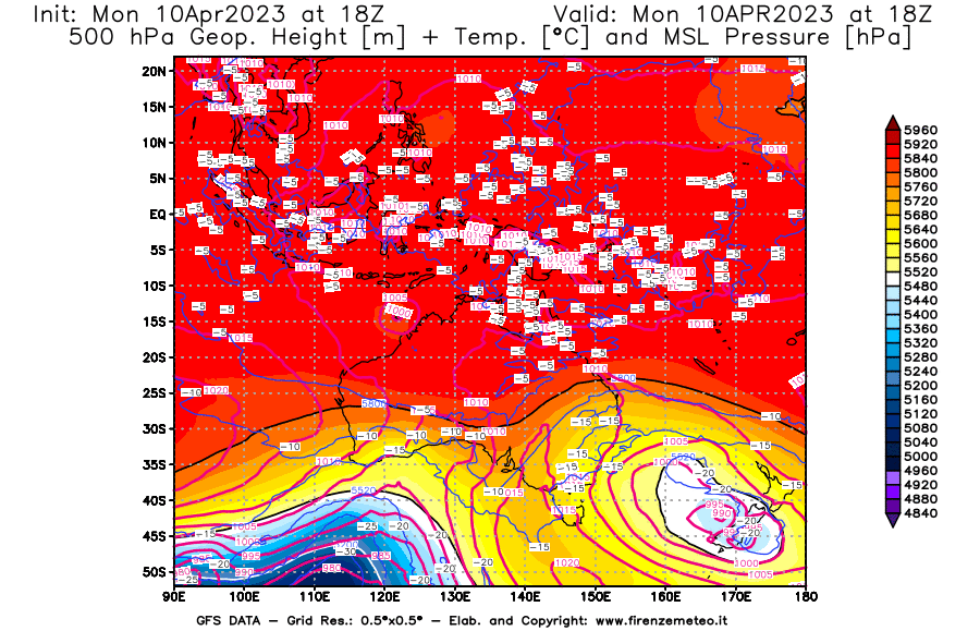 GFS analysi map - Geopotential [m] + Temp. [°C] at 500 hPa + Sea Level Pressure [hPa] in Oceania
									on 10/04/2023 18 <!--googleoff: index-->UTC<!--googleon: index-->
