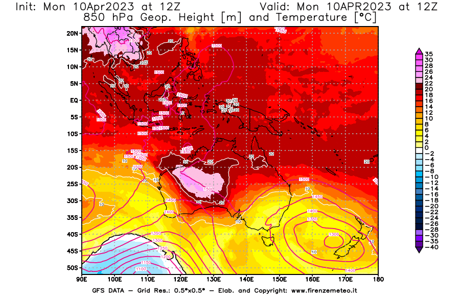 GFS analysi map - Geopotential [m] and Temperature [°C] at 850 hPa in Oceania
									on 10/04/2023 12 <!--googleoff: index-->UTC<!--googleon: index-->