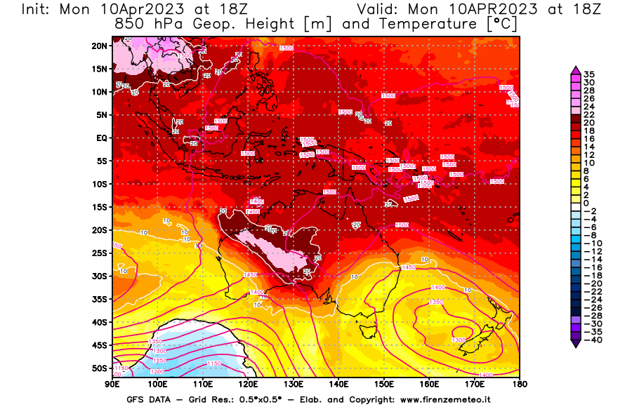 Mappa di analisi GFS - Geopotenziale [m] e Temperatura [°C] a 850 hPa in Oceania
							del 10/04/2023 18 <!--googleoff: index-->UTC<!--googleon: index-->
