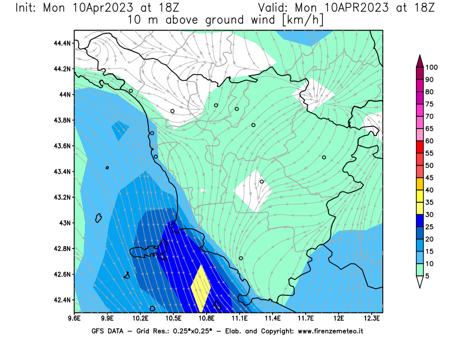 Mappa di analisi GFS - Velocità del vento a 10 metri dal suolo [km/h] in Toscana
							del 10/04/2023 18 <!--googleoff: index-->UTC<!--googleon: index-->