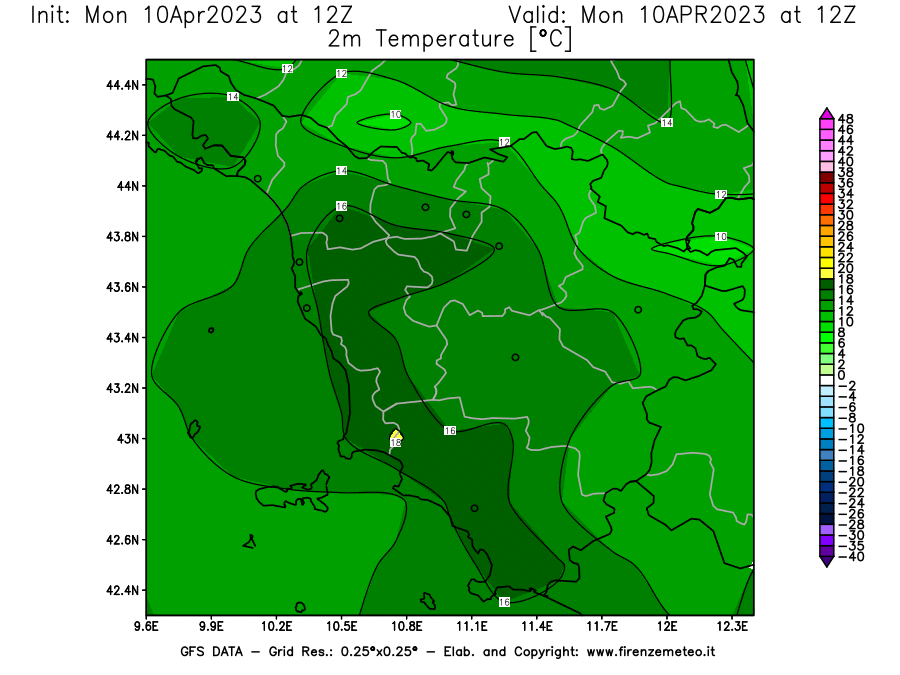 Mappa di analisi GFS - Temperatura a 2 metri dal suolo [°C] in Toscana
							del 10/04/2023 12 <!--googleoff: index-->UTC<!--googleon: index-->